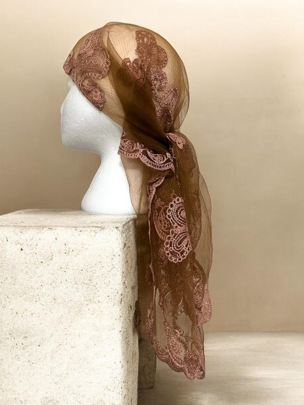 Brown Lace Embroidered Hair Scarf Headwrap - Picture 7 of 8